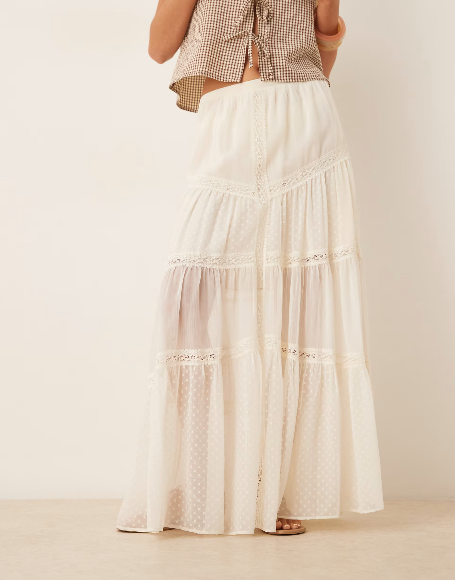 ASOS DESIGN tiered lace insert boho maxi skirt in cream | ASOS (Global)