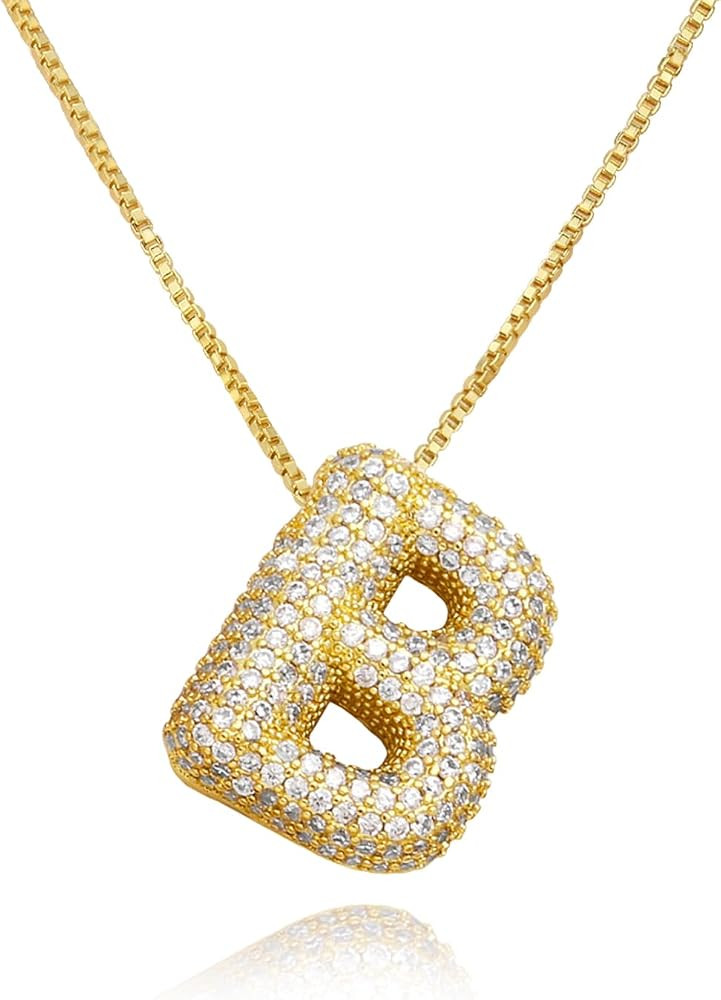 18K Bubble Letter Necklace Gold for Women, Initial Necklaces Rhinestone Chunky Bubble Letter Neck... | Amazon (US)