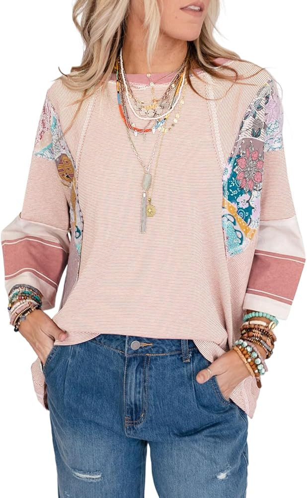 EVALESS Women's Crewneck Batwing 3/4 Sleeve Patchwork Shirts Summer Lightweight Stripe Knit Overs... | Amazon (US)