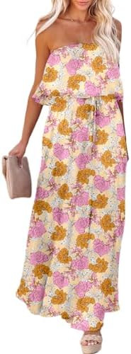 Dokotoo Womens Strapless Dresses Casual Summer High Waist Side Split Flowy Boho Maxi Dress | Amazon (US)