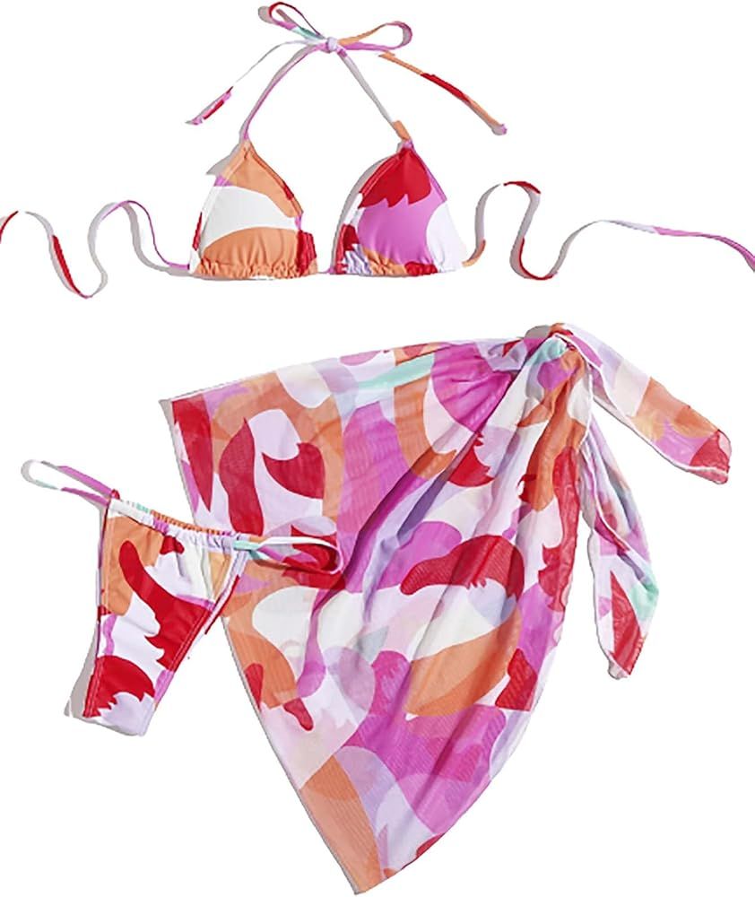 SOLY HUX Women's Zebra Print Triangle Bikini Bathing Suits with Beach Skirt 3 Piece Swimsuits | Amazon (US)
