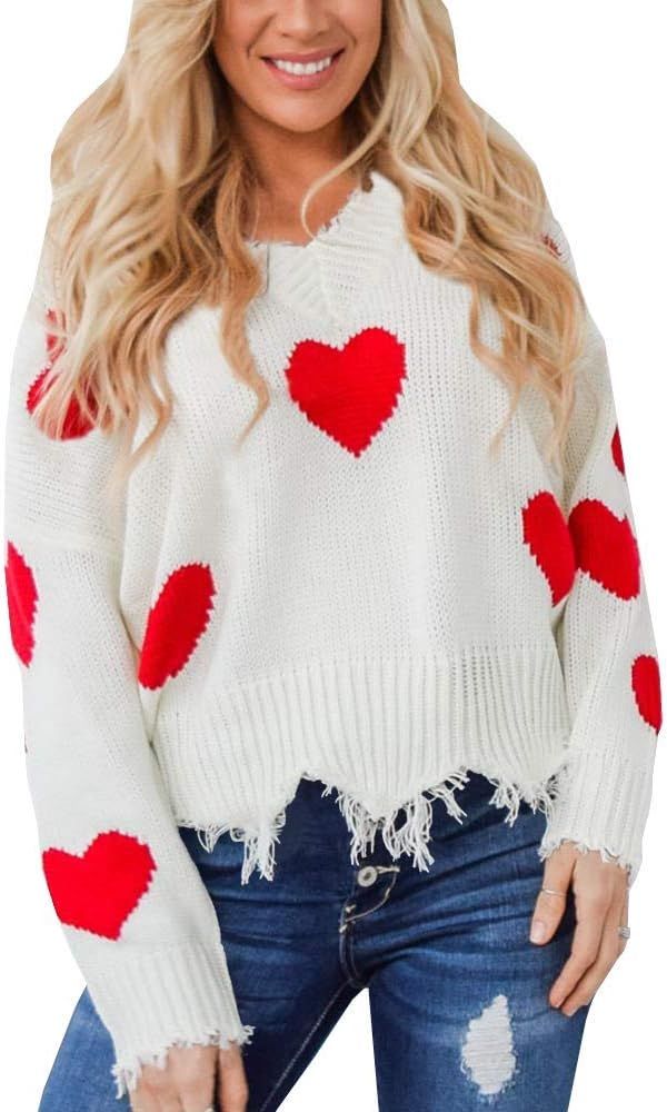 Women's Heart Pattern Ripped Sweater V Neck Distressed Knit Pullover Jumper Top | Amazon (US)