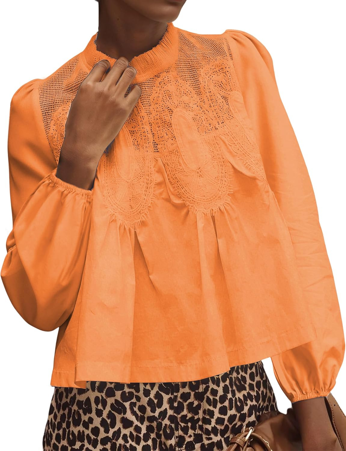 Lentta Women's Lace-Detail Flared Blouse Long Sleeve Crew Neck Poplin Mesh Swing Babydoll Tops Elegant Loose Shirts | Amazon (US)