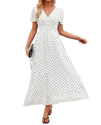 Polka Dot Dress for Women 2026 Summer V Neck Empire Waist Chiffon Maxi Long Dresses with Pockets Wedding Guest Party Beach (US, Alpha, Medium, Regular, Regular, Polka Dot White Black) | Amazon (US)