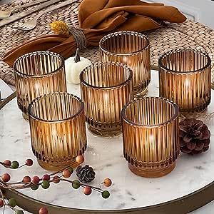 Kate Aspen Vintage Ribbed Amber Glass Tealight & Votive Candle Holders (Set of 6), Fall Decor, Bo... | Amazon (US)