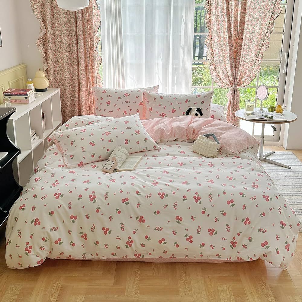Cute Cherry Duvet Cover Twin Pink White Girls Kawaii Bedding Sets for Kids Boys Toddlers 100% Cot... | Amazon (US)