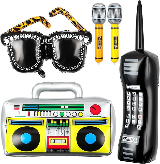 Leitee 5-Piece PVC 80s 90s Party Set: Inflatable Microphones, Boombox, Mobile Phone, Glasses - Di... | Amazon (US)