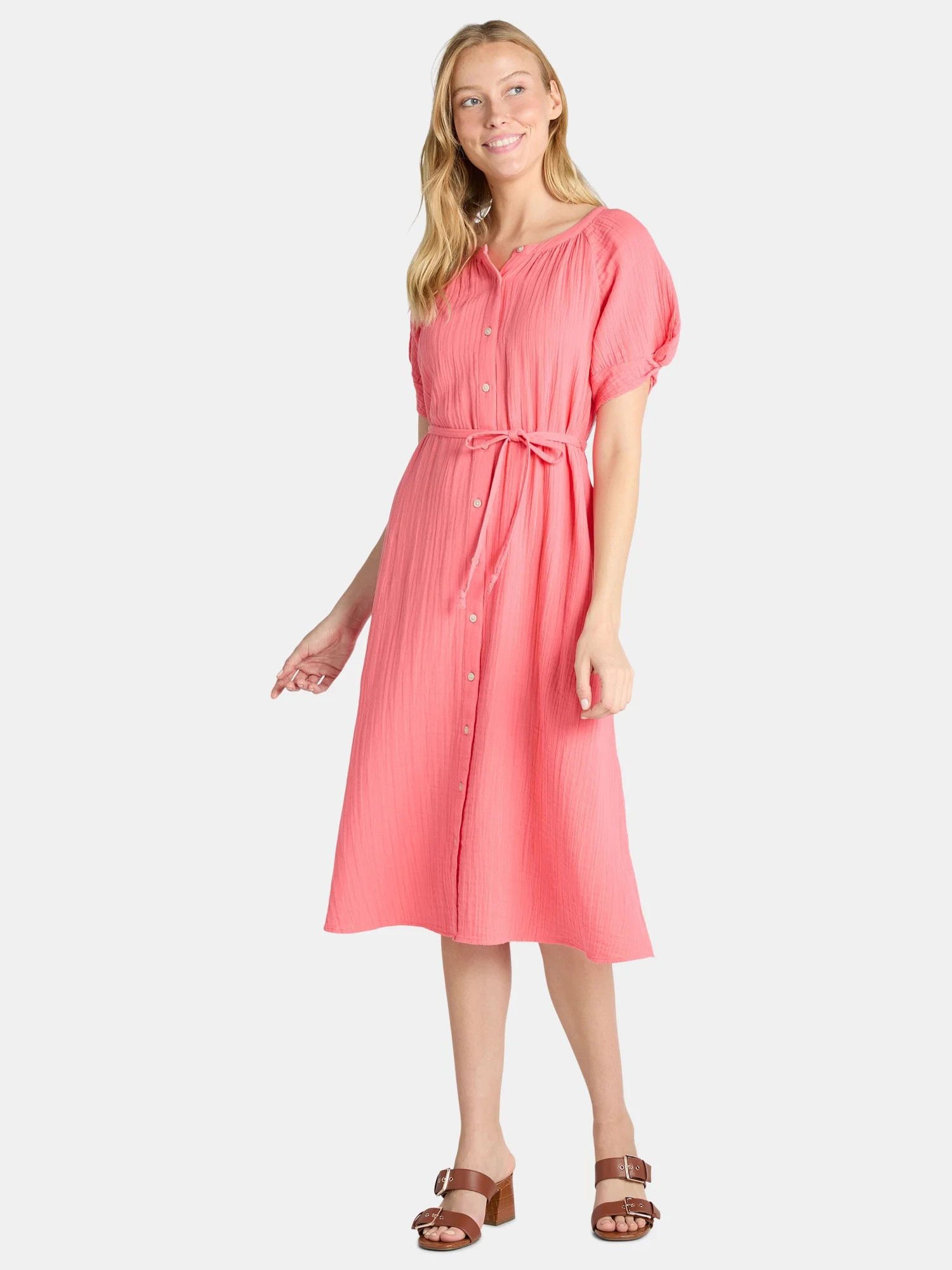 Time and Tru Women’s and Women’s Plus Cotton Double Cloth Midi Dress, Sizes XS-4X | Walmart (US)