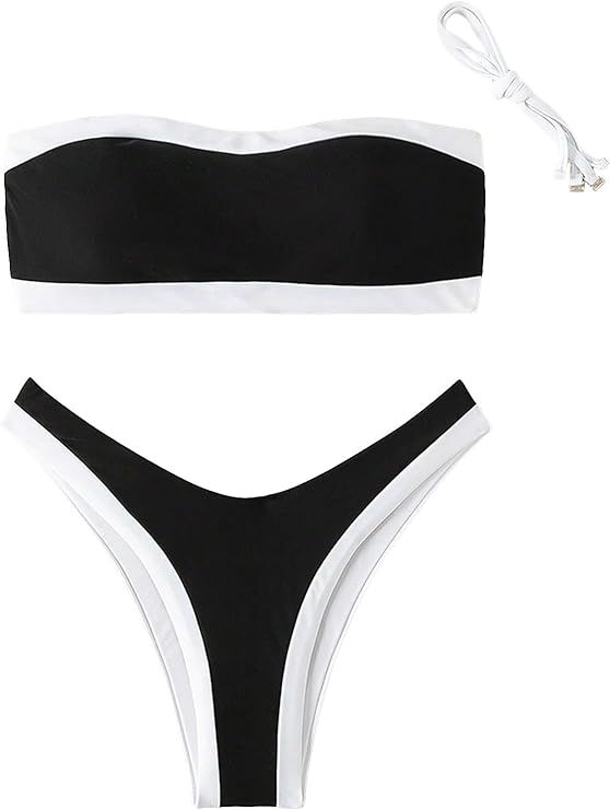 GORGLITTER Women's Strapless Bandeau Swimsuit Colorblock High Cut Thong Bikini Set Bathing Suits | Amazon (US)