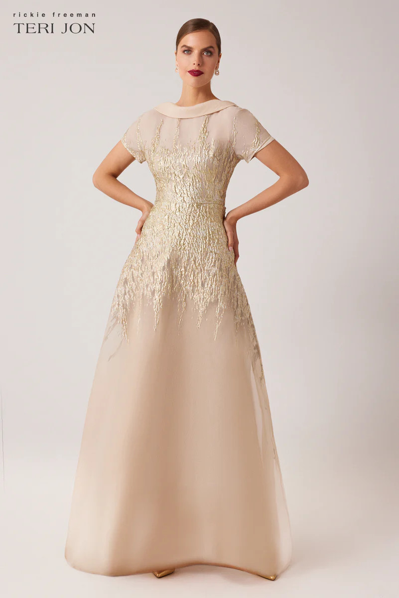 Roll Neck Cap Sleeve Metallic Organza Jacquard Gown | TERIJON