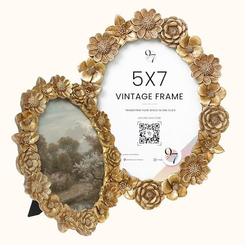 97 Decor Gold Vintage Picture Frames 5x7 - Gold Oval Frame 5x7 For Tabletop And Wall Hanging, Decorative Ornate 5 By 7 Frame, Flower Antique Wall Decor | Amazon (US)