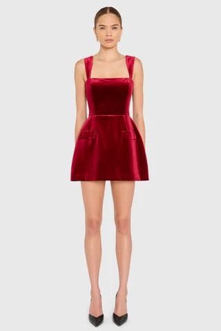 Amanda Uprichard Bethany Romper in Velvet in Scarlet - Size S | Amanda Uprichard