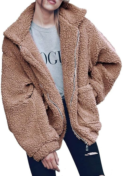 PRETTYGARDEN Women's Fashion Long Sleeve Lapel Zip Up Faux Shearling Shaggy Oversized Coat Jacket... | Amazon (US)