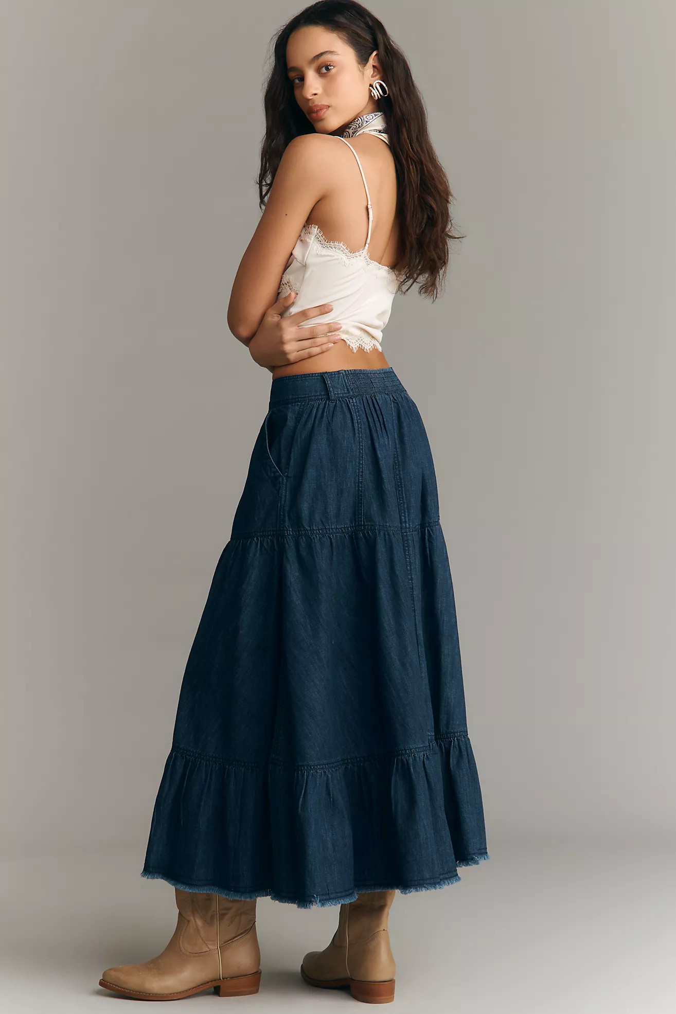 100% Cotton Tiered Denim Maxi Skirt | Anthropologie (US)