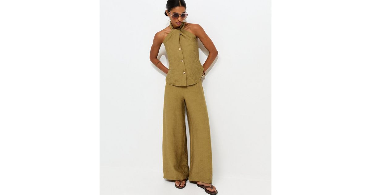 Light Khaki Crinkle Wide Leg Trousers | New Look | New Look (UK)
