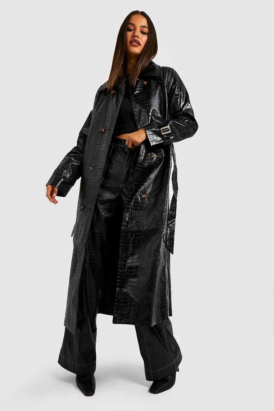 Faux Leather Longline Trench Coat | Boohoo.com (US & CA)