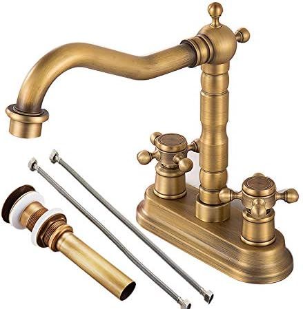 Gecious Antique Brass Centerset Faucet Two Handle with Pop-up Drain and Hoses, 360° Swivel Cross Kno | Amazon (US)
