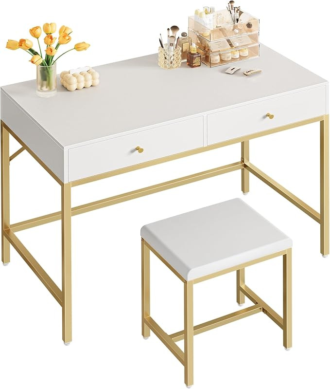 SUPERJARE 35.4" White and Gold Desk with 2 Drawers, Modern Makeup Vanity Desk with Padded Stool, ... | Amazon (US)