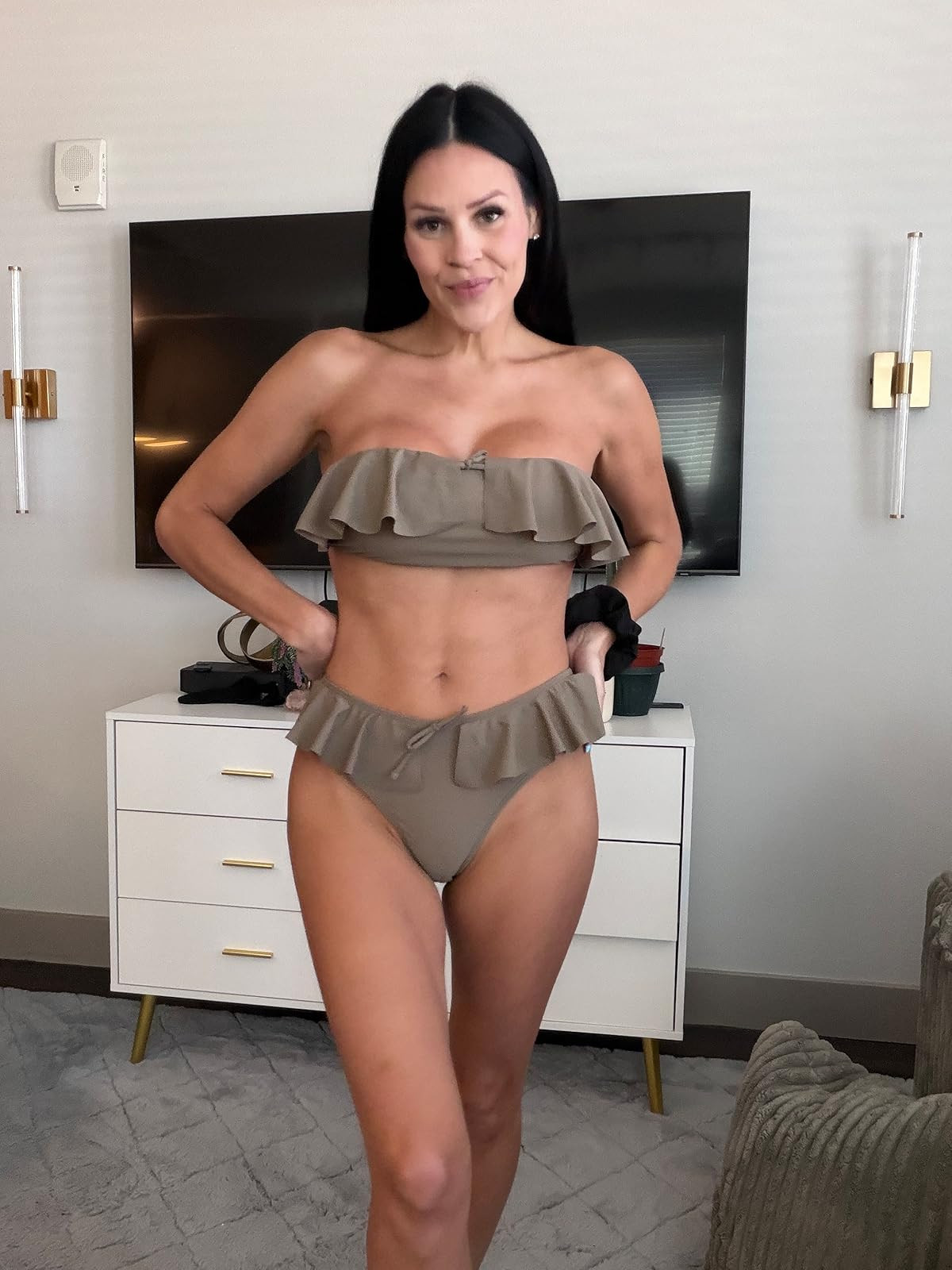 Sweet and sophisticated ruffles in the perfect neutral. This bandeau set is a must-have for your next sun-soaked escape. Click the link in bio to shop this look! #ruffleswim #neutralstyle #vacationoutfit 

 #LTKootd #LTKSaleAlert #LTKSwim