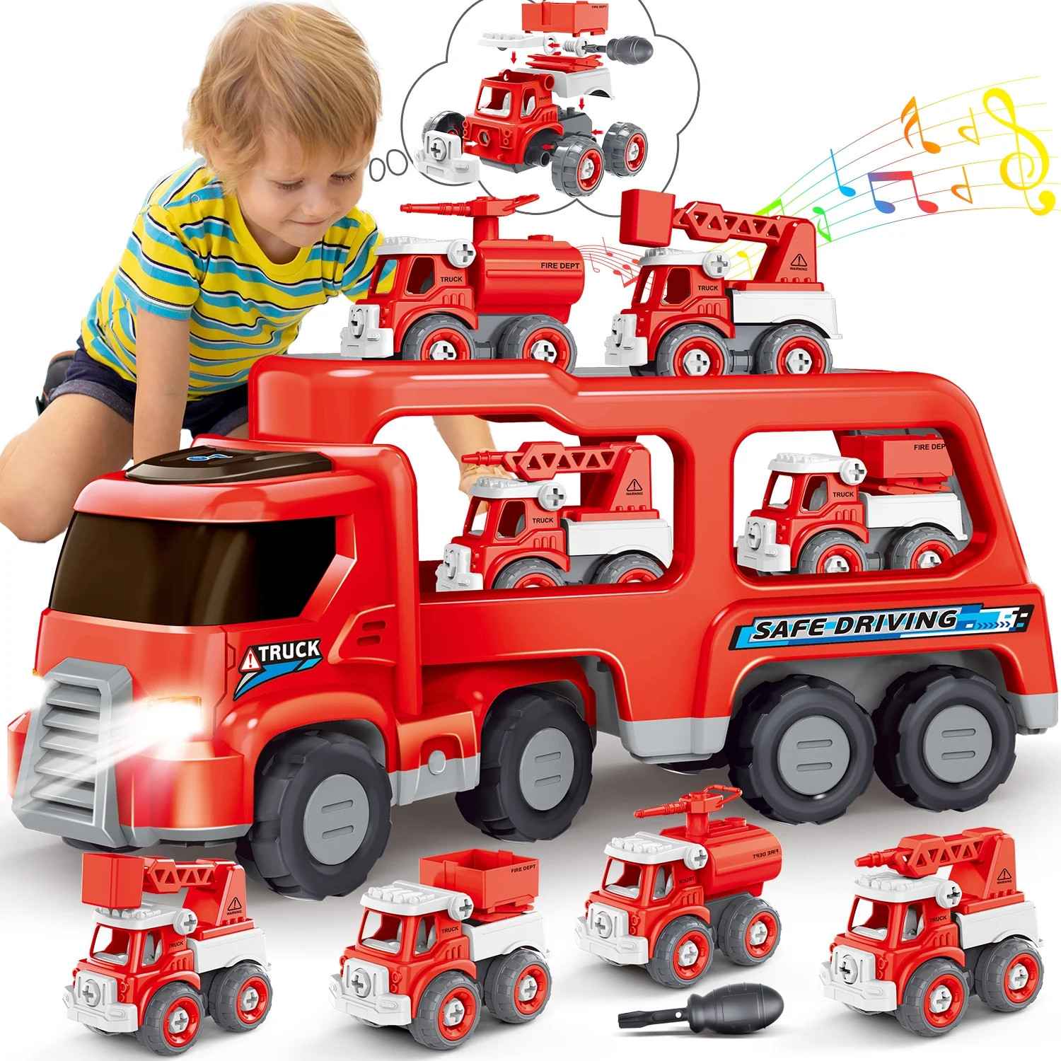 WonderStone 5-in-1 Fire Truck Toy with Light & Sound, Push Cars for Boys Kids 1-8 Birthday Gift | Walmart (US)