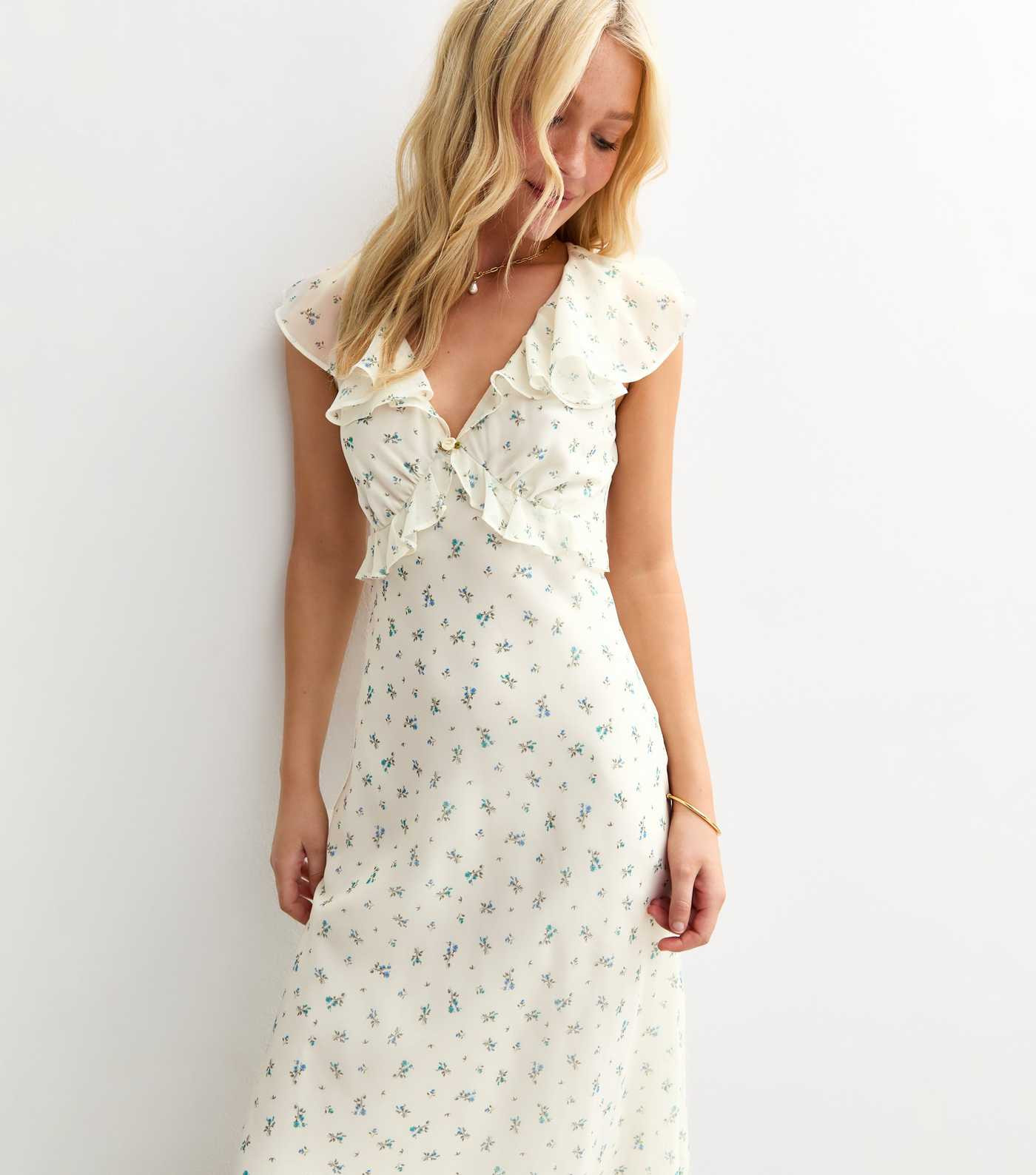 White Floral Print Ruffle Trim Midi Dress | New Look | New Look (UK)