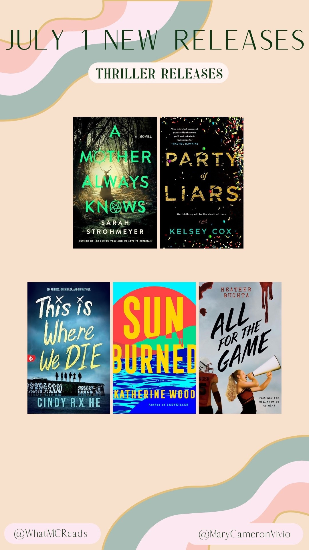 July 1 Thriller Book Releases You’ll Devour in One Sitting!

From dark secrets to deadly betrayals, these brand new thrillers are here to keep you up all night 🔪📚

🔪 A Mother Always Knows - Sarah Strohmeyer
🔪 Party of Liars - Kelsey Cox
🔪 This is Where We Die - Cindy R. X. He
🔪  Sunburned - Katherine Wood
🔪  All for the Game - Heather Buchta

Add these to your TBR if you love fast-paced suspense, morally gray characters, and endings you won’t see coming.

#Newbookreleases #thrillerbooks #psychologicalthriller #julybookreleases #pageturners New book releases, thriller books, psychological thriller, July book releases, pager turners, TBR list, book haul, must read thrillers, mystery books, dark reads #tbrlist #bookhaul #mustreadthrillers #mysterybooks #darkreads

#LTKFindsUnder50 #LTKSaleAlert #LTKHome