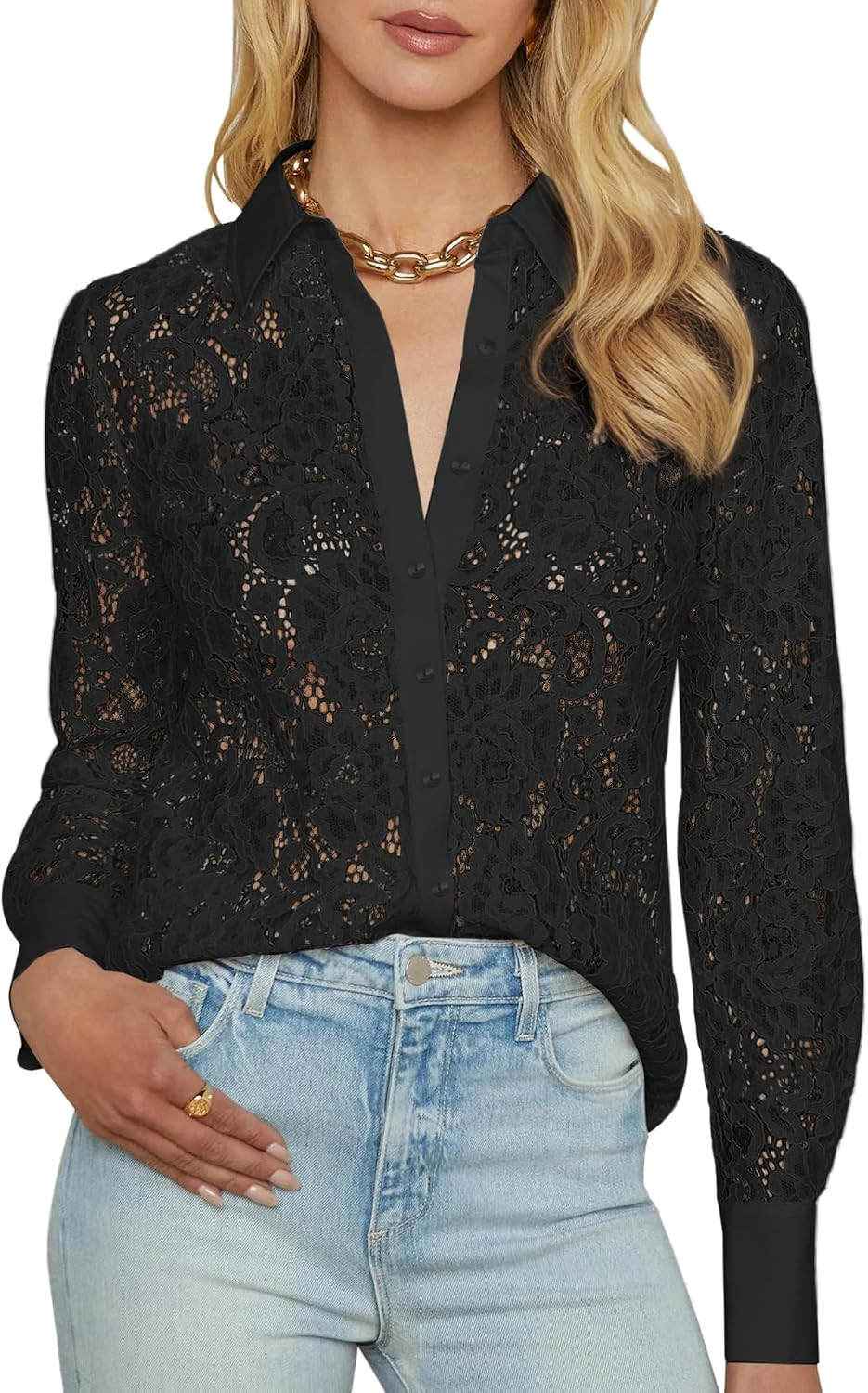 AIMCOO Lace Tops for Women Sheer Long Sleeve Blouses Dressy Casual Button Down Shirts Boho Floral Tops | Amazon (US)