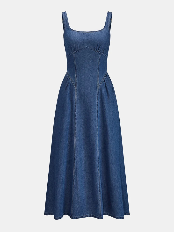 Square Neck Gathered Seam Denim Maxi Dress | Commense