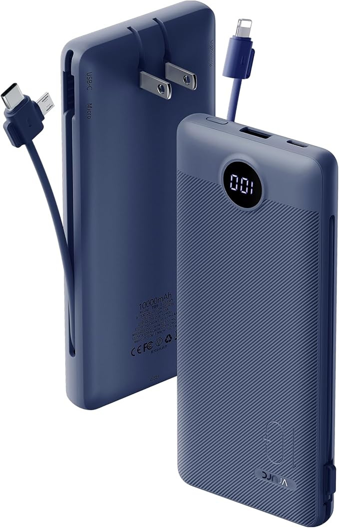 VRURC Portable Charger Built-in Cables and AC Wall Plug, USB C Power Bank 10000mAh, Travel Batter... | Amazon (US)