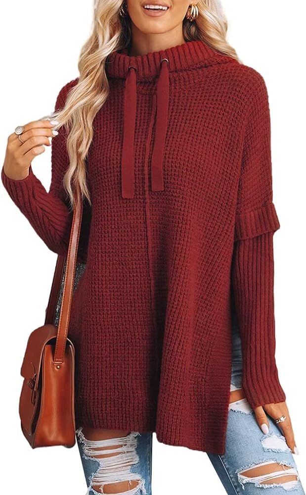 Asvivid Women's Batwing Sleeve Side Split Hooded Pullover Sweater Casual Oversized Winter Drawstring | Amazon (US)