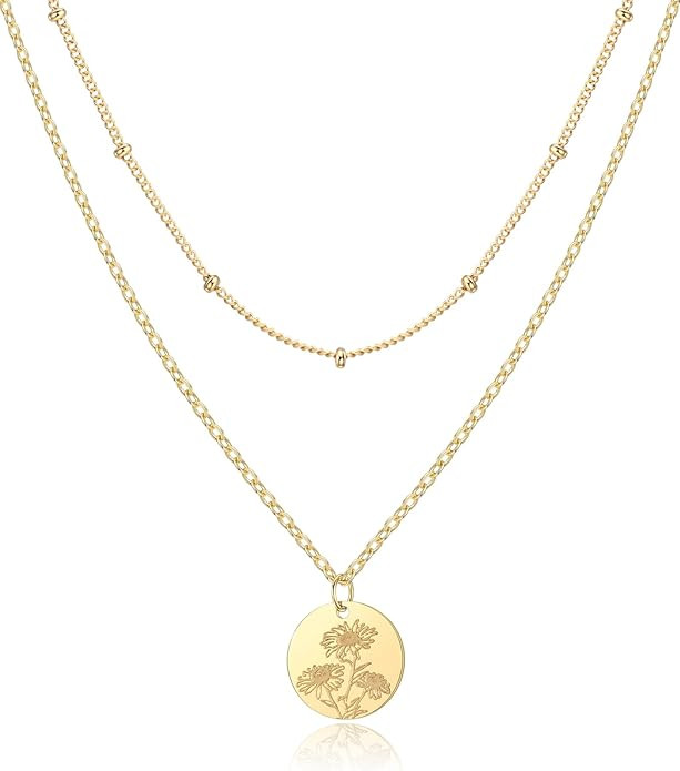 Birth Flower Necklace,14K Gold Plated Layered Necklaces for Women, Birth Month Flower Coin Pendan... | Amazon (US)