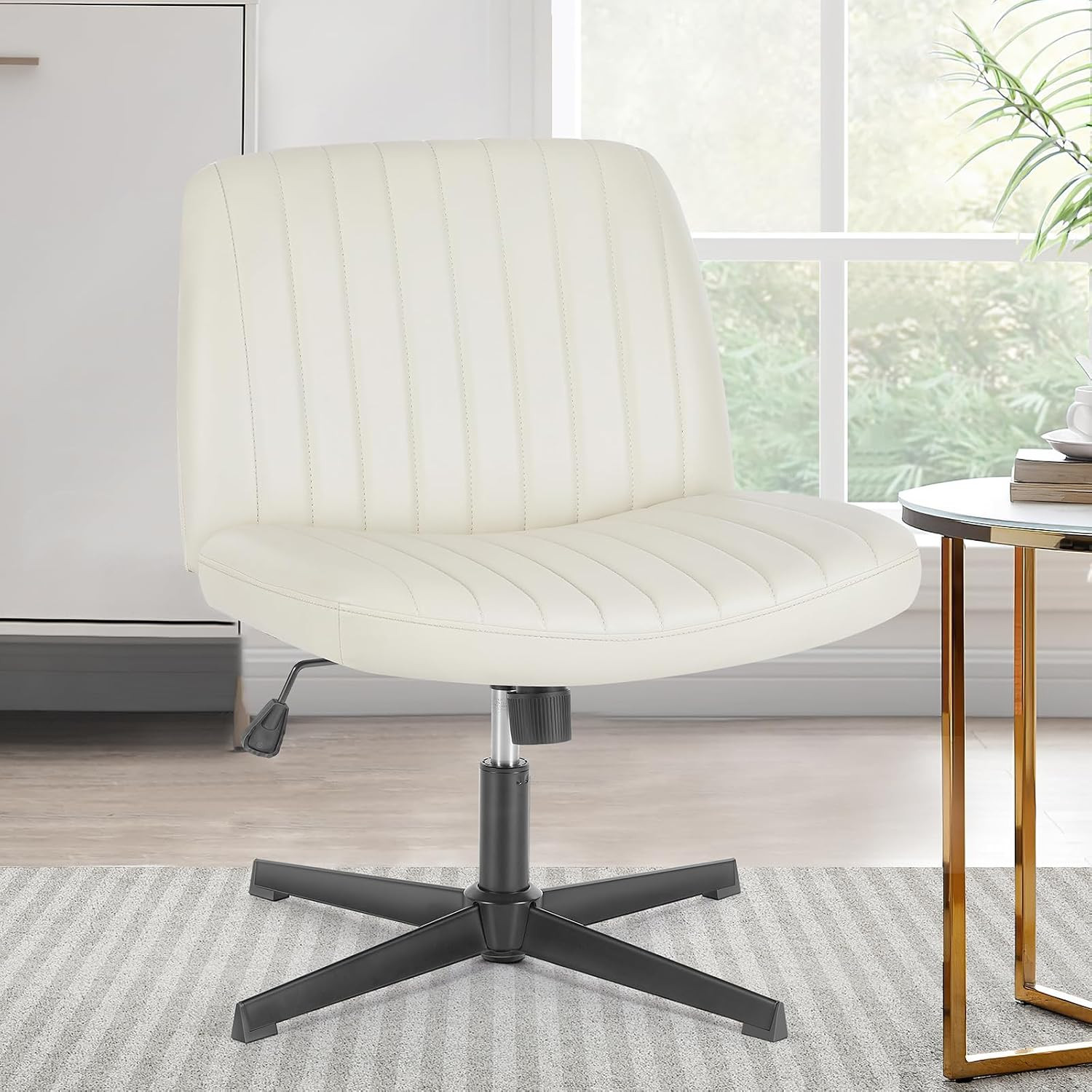 Sweetcrispy Criss Cross Office Chair, Vanity Chair No Wheels, Faux Leather | Amazon (US)