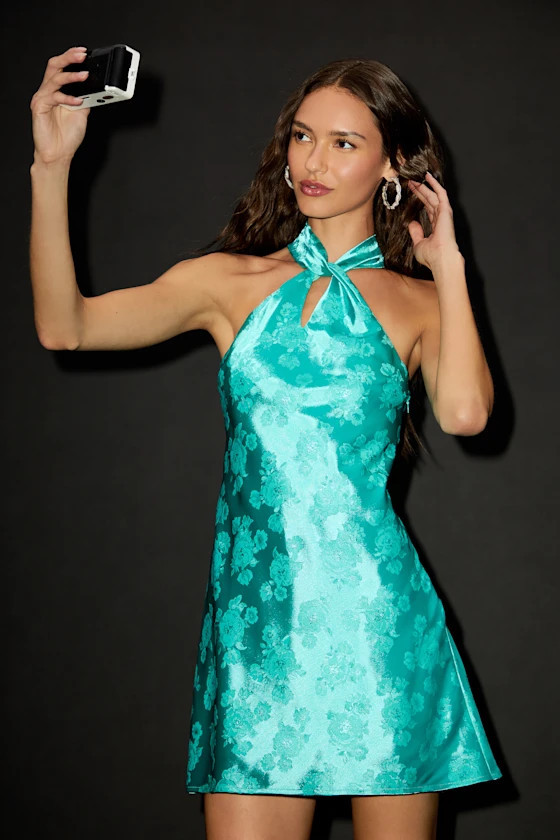 Got the Key Teal Green Satin Floral Jacquard Halter Mini Dress | Lulus