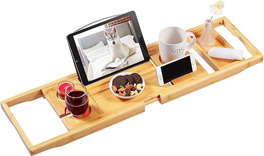 VaeFae Bamboo Bathtub Caddy Tray, Expandable Bath Tray for Tub with Upgraded Wine Slots and Book ... | Amazon (US)