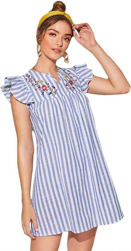 Romwe Women's V Neck Striped Floral Ruffle Embroidery Summer Boho Dress Top | Amazon (US)