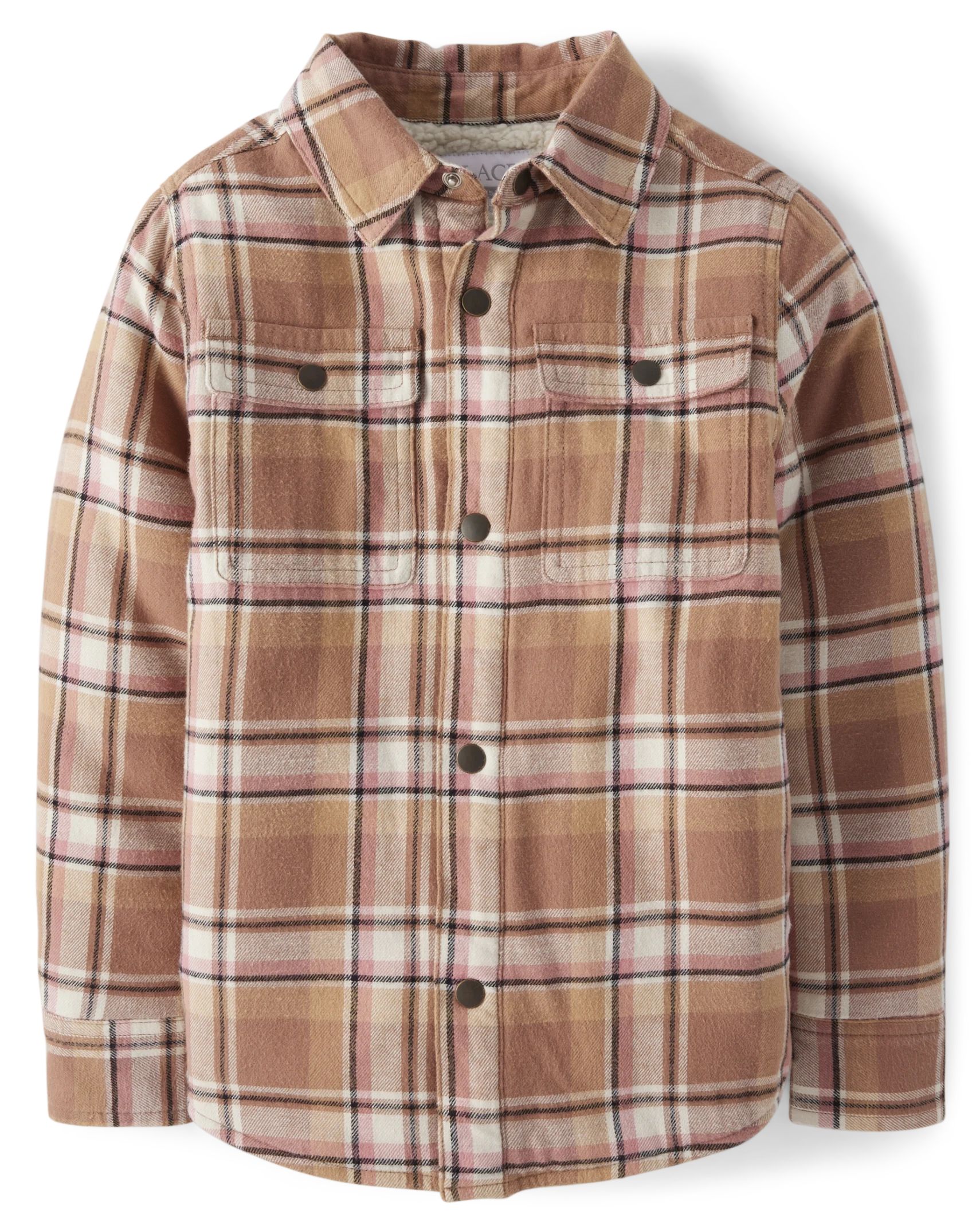 Girls Plaid Sherpa-Lined Shacket - pecan pie | The Children's Place