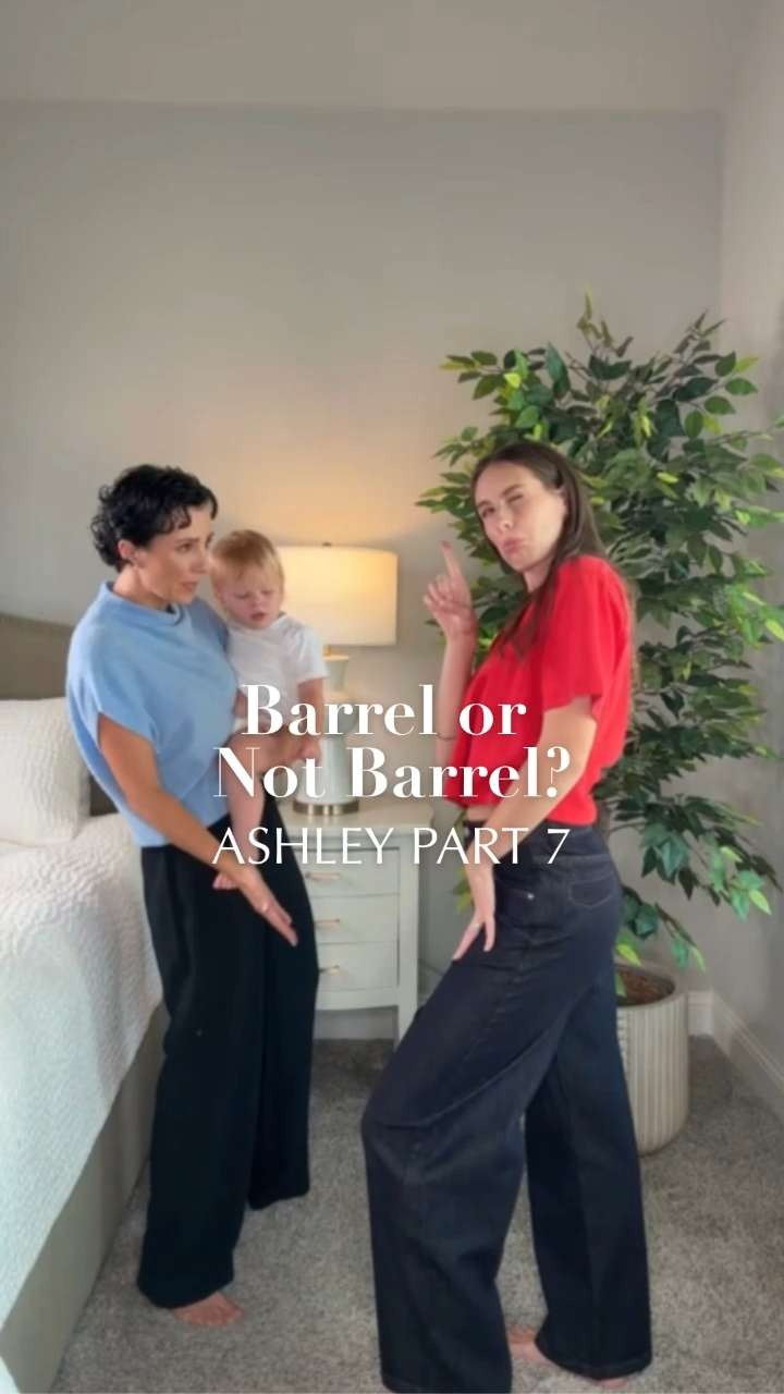 Barrel or not barrel… we had questions today 😂
Ashley and I were trying to figure out if these were true barrels or just a gorgeous wide-leg — and honestly, the fit is so pretty either way. The dark wash is perfect for dressing up, they come in petite, and you don’t have to hem a thing. 

 