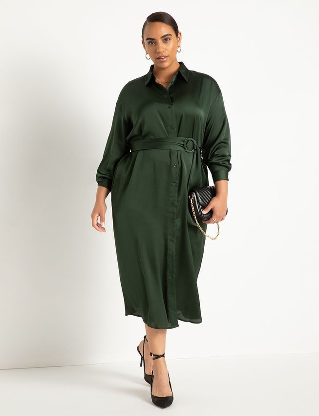 Satin Button Down Maxi Shirtdress | Eloquii