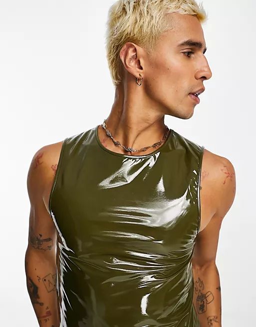 COLLUSION high shine muscle fit vest in khaki | ASOS (Global)