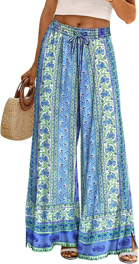 YESNO Women Summer Flowy Wide Leg Pants Drawstring Elastic Waist Casual Lounge Beach Palazzo Trou... | Amazon (US)
