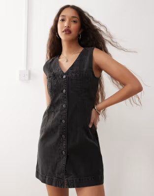 Noisy May denim waistcoat mini dress in washed black | ASOS | ASOS (Global)