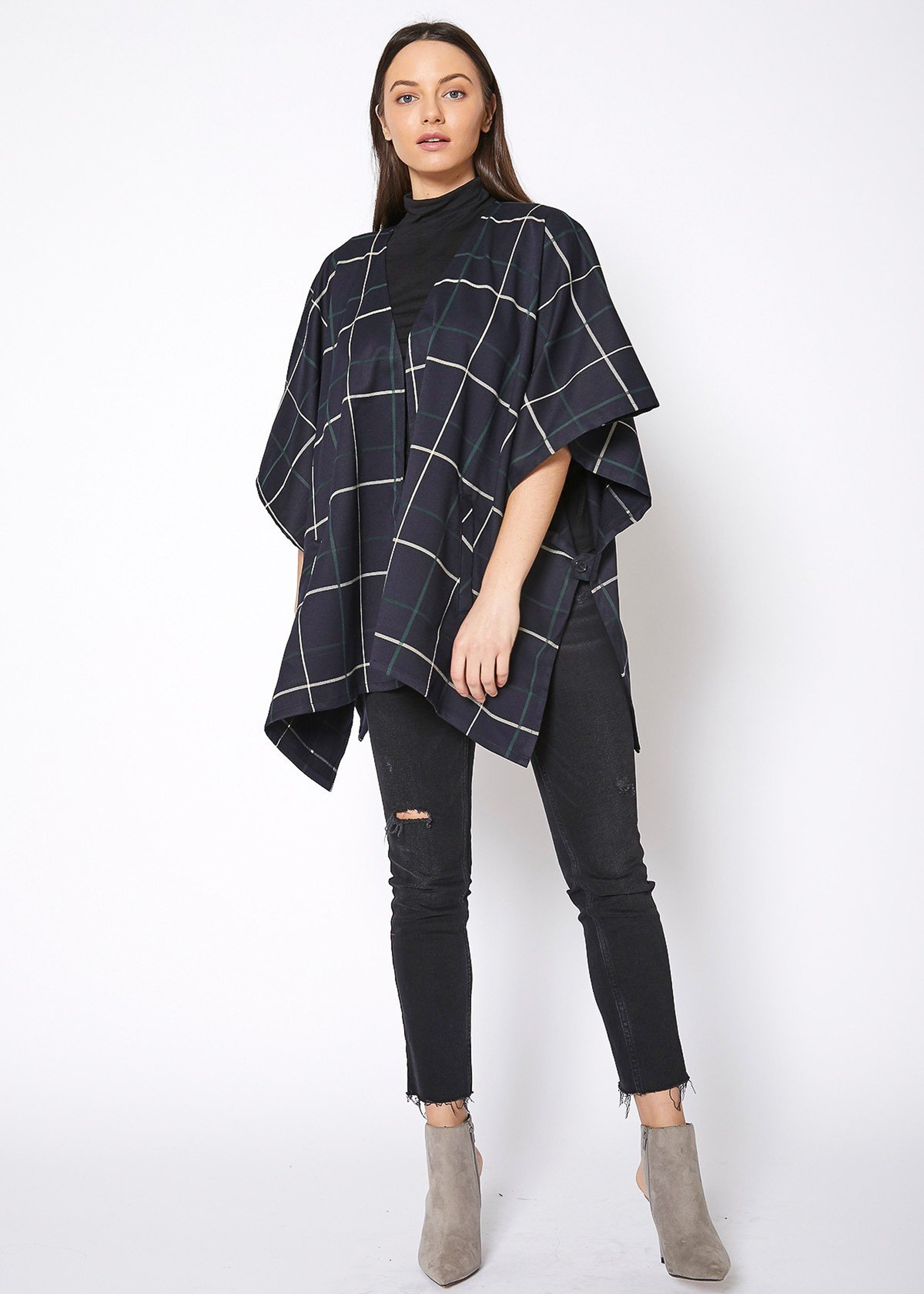 Women\'s Plaid Oversized Poncho Cardigan In Navy Plaid - ONE SIZE ONLY | Verishop
