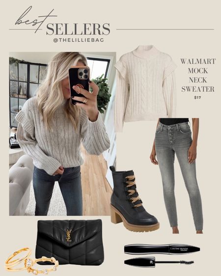 Bestseller: Walmart sweater. Knit sweater is only $17 and it’s so adorable and soft. Wearing small. 4 colors. KUT jeans. Boots. Designer handbag. Mascara  

#LTKstyletip #LTKSeasonal #LTKunder50