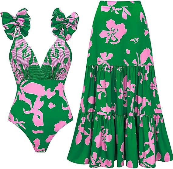 FLAXMAKER Blue and White V Neck Lace Up Strip Plant Prints One Piece Swimsuit and Skirt/Sarong | Amazon (US)