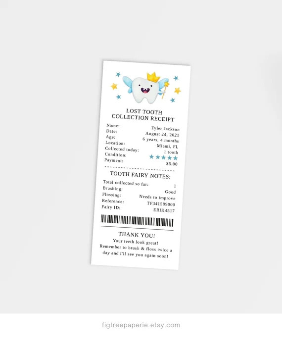 Tooth Fairy Receipt Template, Tooth Fairy Receipt Boy, Printable, Lost Tooth, Memory Book, Tooth ... | Etsy (US)