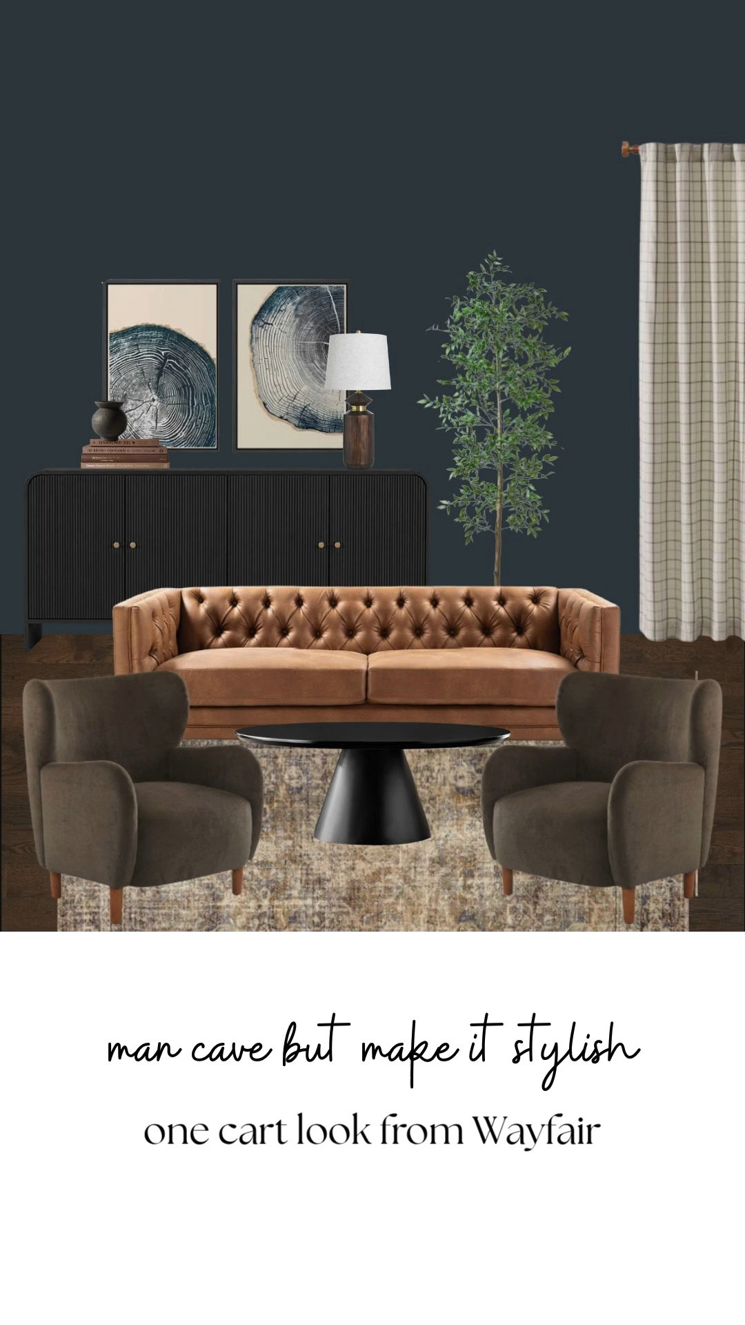 Moody spaces can still feel warm, welcoming, and incredibly livable when they’re layered with rich textures, soft lighting, and timeless furnishings. This one-cart cafe-inspired living room from Wayfair mixes deep charcoal walls, cognac leather, cozy neutrals, and classic silhouettes for a space that feels elevated without losing comfort.

moody living room, cafe inspired interiors, warm moody decor, cognac leather sofa, dark wall living room, one cart room, Wayfair living room, cozy lounge aesthetic, collected interiors, warm ambient lighting, modern traditional decor, moody neutral interiors, designer inspired living room, cozy conversation seating, layered home decor, warm transitional style, elegant dark interiors, cozy entertaining space, heritage inspired decor, sophisticated cozy home 

 #LTKHome