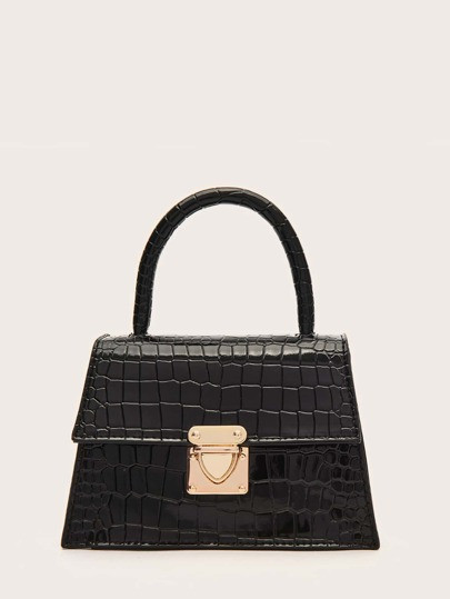Push Lock Croc Embossed Satchel Bag | SHEIN