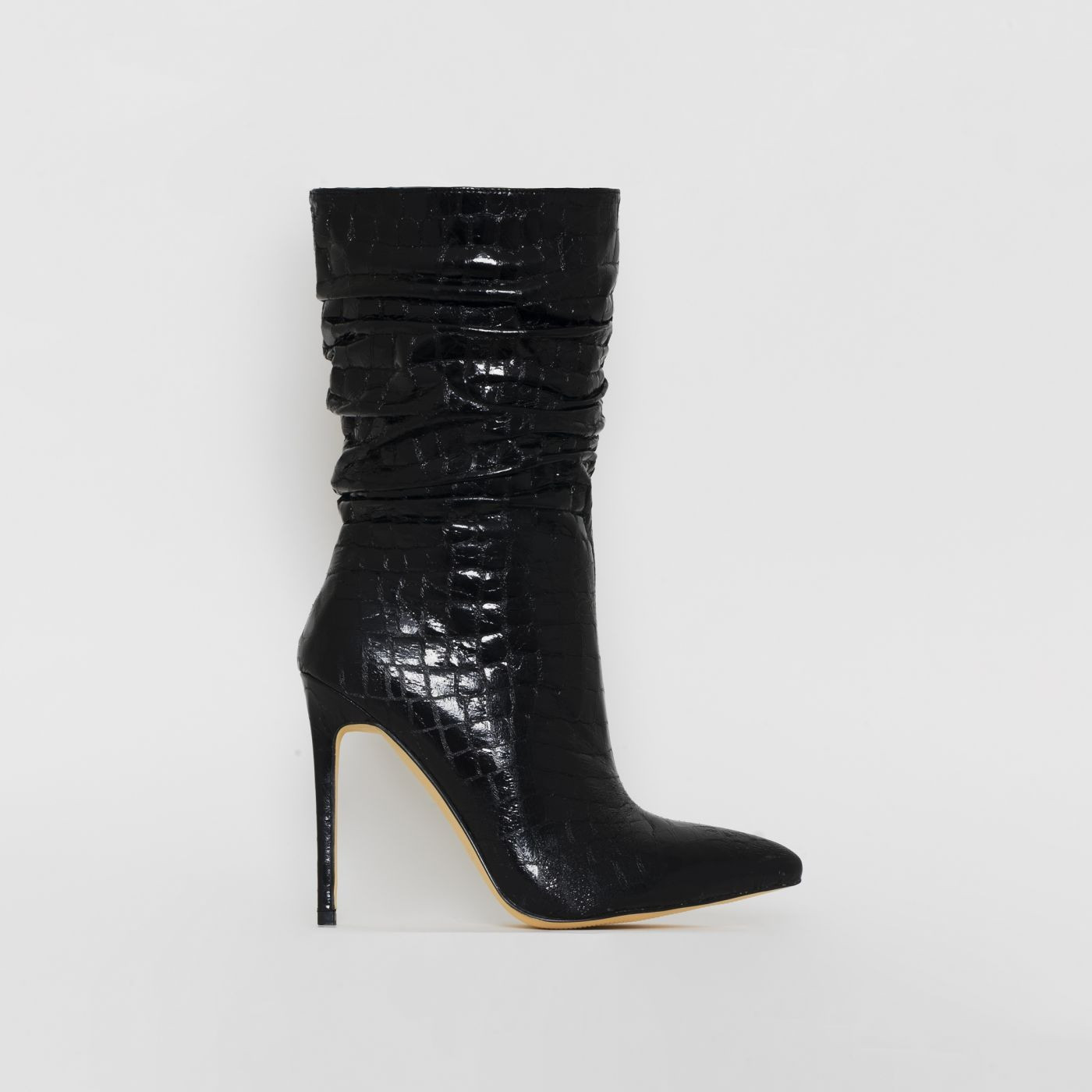 Lyra Black Faux Croc Print Mid Calf Stiletto Boots | Simmi Shoes