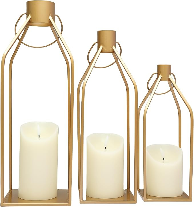 Gold Metal Candle Lanterns Set of 3, Tall Decorative Pillar Candle Holders for Indoor Outdoor Far... | Amazon (US)