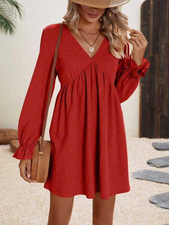 SHEIN LUNE Solid Color Ruffle Sleeve Dress | SHEIN